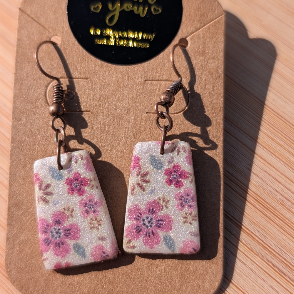 Pink and Cream Floral Dangle Earrings